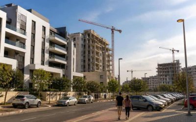 Apartment buildings under construction in an Israeli residential neighborhood with cranes and modern housing blocks