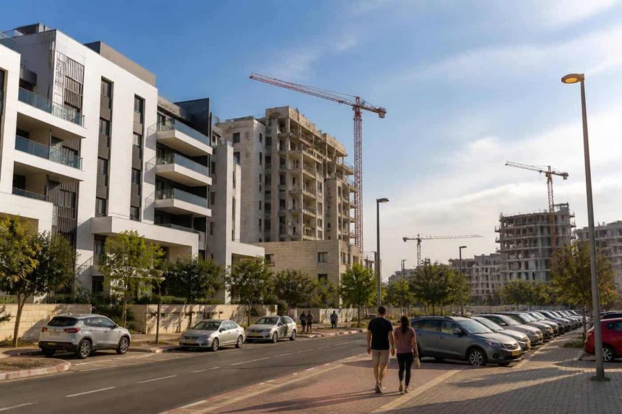 Apartment buildings under construction in an Israeli residential neighborhood with cranes and modern housing blocks