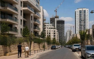 Modern apartment buildings in Israel with pedestrians and residential streets in a changing housing market
