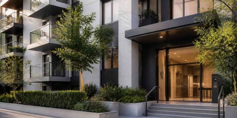 Modern Israeli apartment building with balconies and an elevator entrance in a residential neighborhood