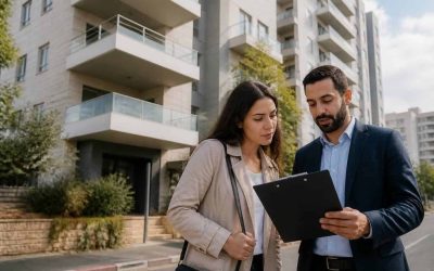 Apartment buildings in Israel with a tenant reviewing rental paperwork indoors