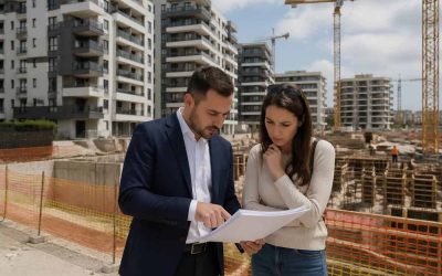 Modern apartment construction site in an Israeli city with residential buildings and cranes