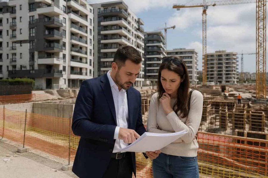 Modern apartment construction site in an Israeli city with residential buildings and cranes