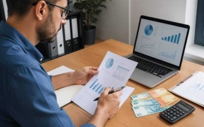 Customer reviewing banking options on a laptop with Israeli shekel notes and financial documents on a desk