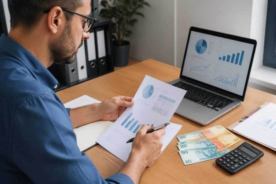 Customer reviewing banking options on a laptop with Israeli shekel notes and financial documents on a desk