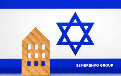 Israeli flag with wooden house symbol real estate market and semerenko group branding