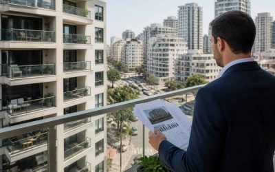 Modern apartment buildings and urban streets in an Israeli city viewed from above
