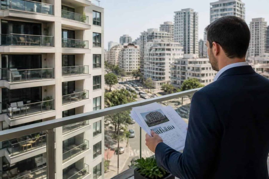 Modern apartment buildings and urban streets in an Israeli city viewed from above