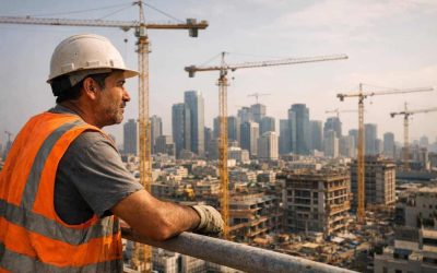 Construction cranes visible over an Israeli city skyline indicating real estate market growth