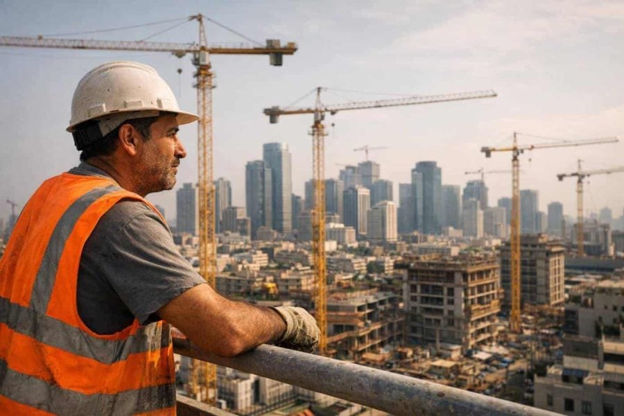 Construction cranes visible over an Israeli city skyline indicating real estate market growth