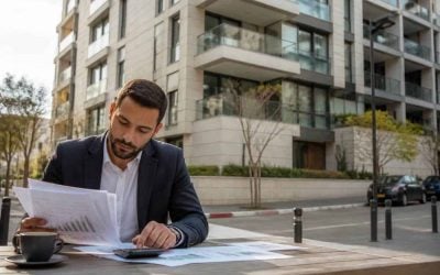 Modern Israeli apartment building with a real estate investor reviewing financial documents