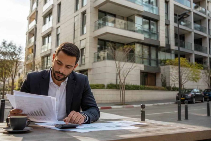 Modern Israeli apartment building with a real estate investor reviewing financial documents