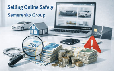 Israeli shekel cash stacks magnifying glass laptop online marketplace fraud warning concept