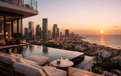Modern luxury high-rise apartment in Israel against a city skyline, representing the 2025 property market surge