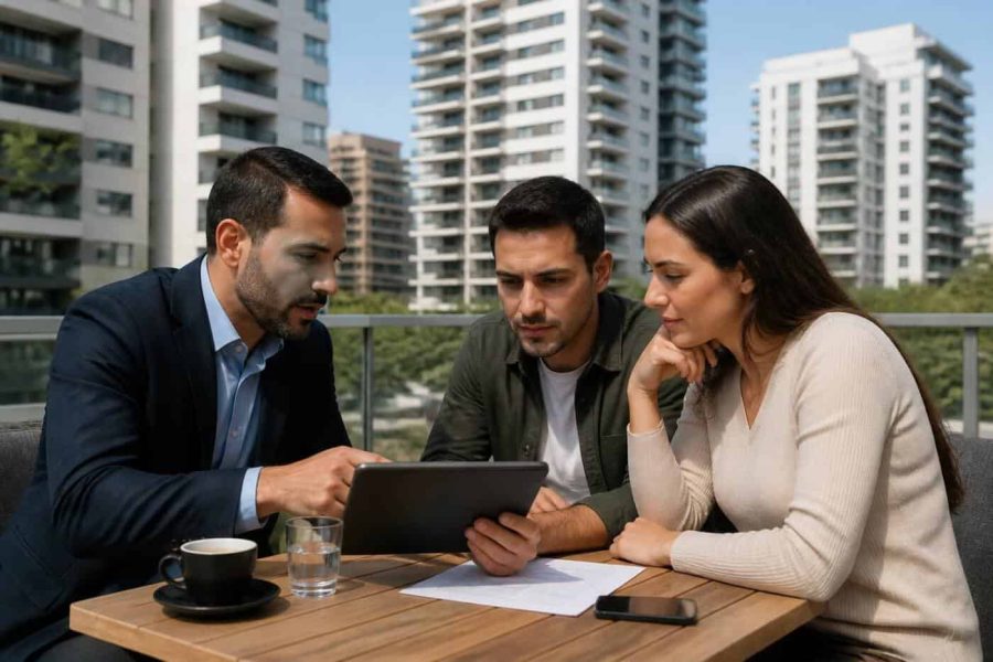 Apartment buildings and a real estate agent showing mortgage documents to prospective buyers in Israel