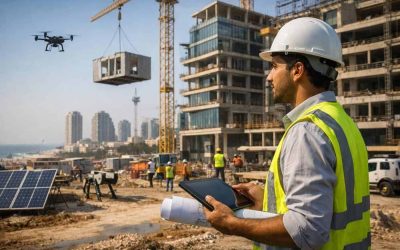 Modern construction site in Ashdod, Israel, representing the new national innovation hub for smart building technology