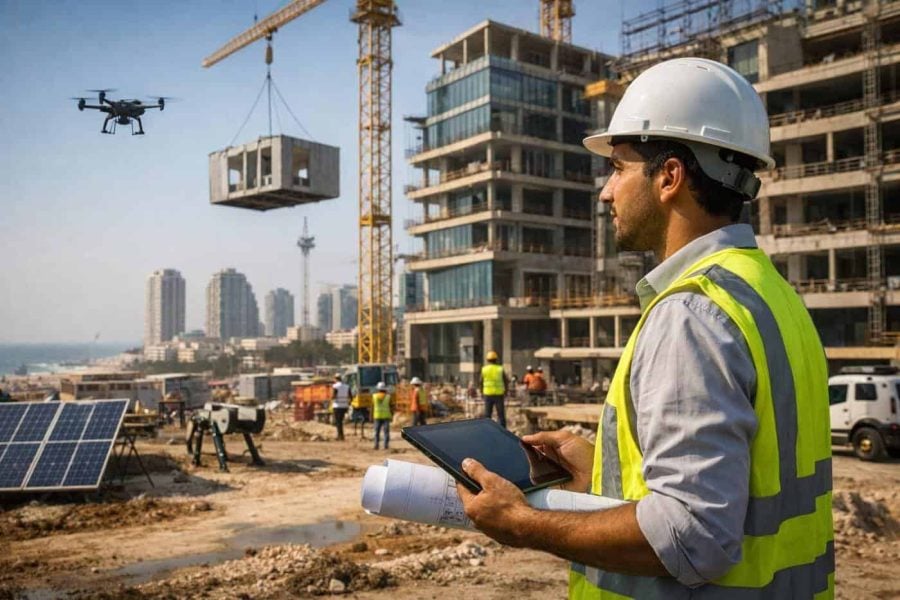Modern construction site in Ashdod, Israel, representing the new national innovation hub for smart building technology
