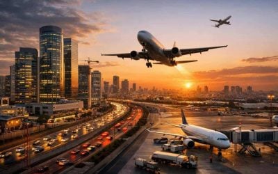 Tel Aviv skyline featuring modern high-tech office buildings and an airplane symbolizing Israel's reopened skies