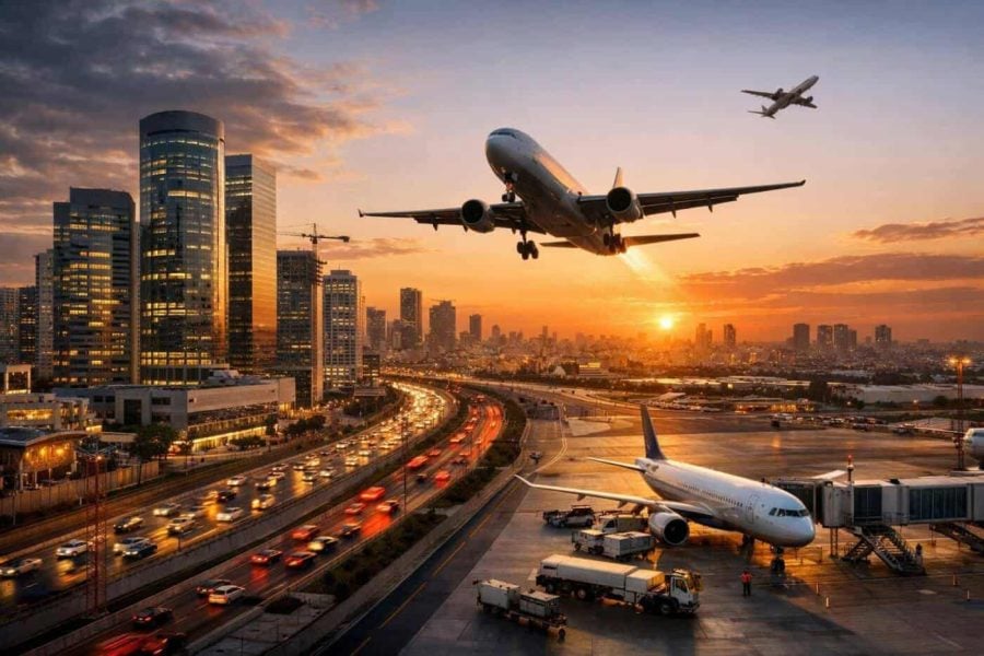 Tel Aviv skyline featuring modern high-tech office buildings and an airplane symbolizing Israel's reopened skies