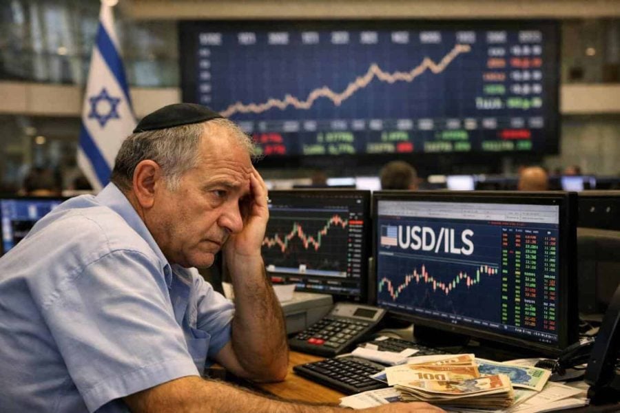 Israeli Shekel currency coins and financial chart illustrating interest rate cut to 4 percent