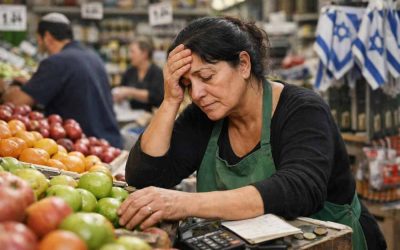 Busy Israeli urban street scene illustrating the contrast between economic activity and daily financial struggles