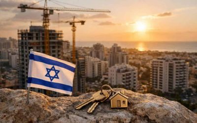 Graph showing Israel 2026 economic trends overlaid with construction cranes and government budget documents