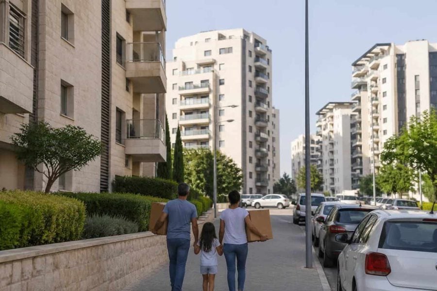 Modern apartment buildings in an Israeli residential neighborhood with families walking nearby