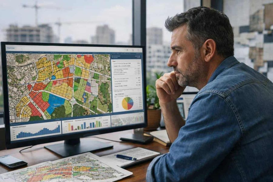 Israel GovMap interface showing digital zoning map and real estate data for PropTech analysis