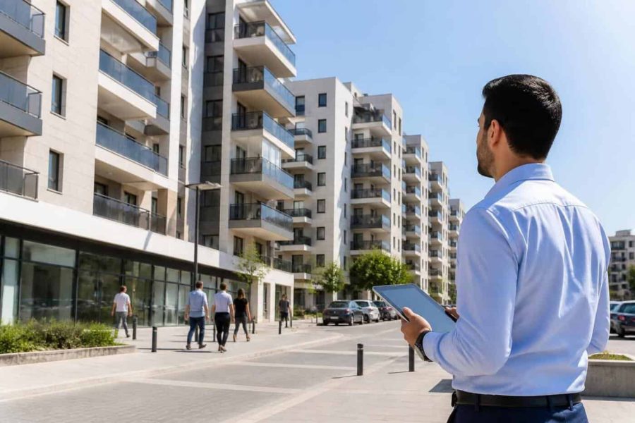 Modern apartment buildings in Israel viewed from street level during a real estate market report