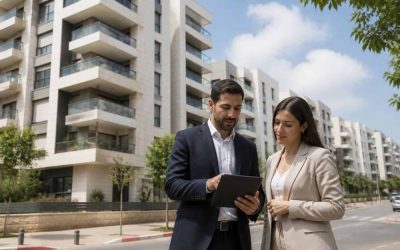 Modern apartment buildings in Israel with a prospective buyer reviewing property documents