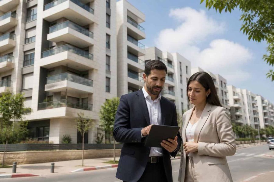 Modern apartment buildings in Israel with a prospective buyer reviewing property documents