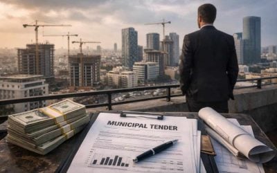 Business professionals reviewing high-stakes Israeli municipal tender and procurement documents