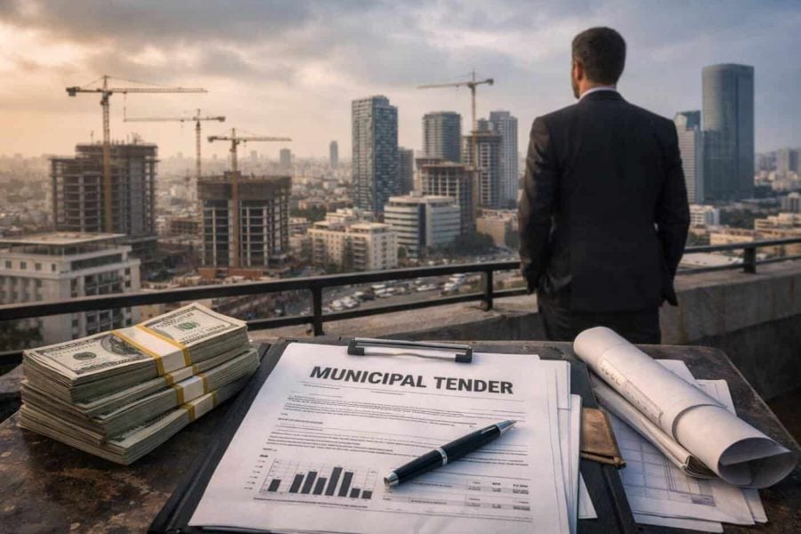 Business professionals reviewing high-stakes Israeli municipal tender and procurement documents