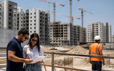 Apartment buildings under construction in Israel with cranes and a city skyline in the background