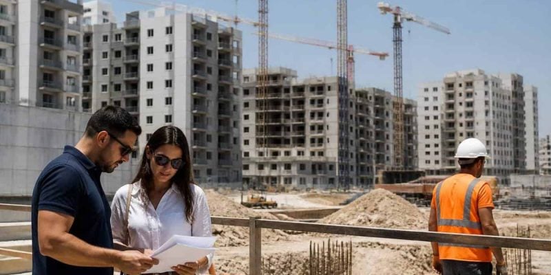 Apartment buildings under construction in Israel with cranes and a city skyline in the background