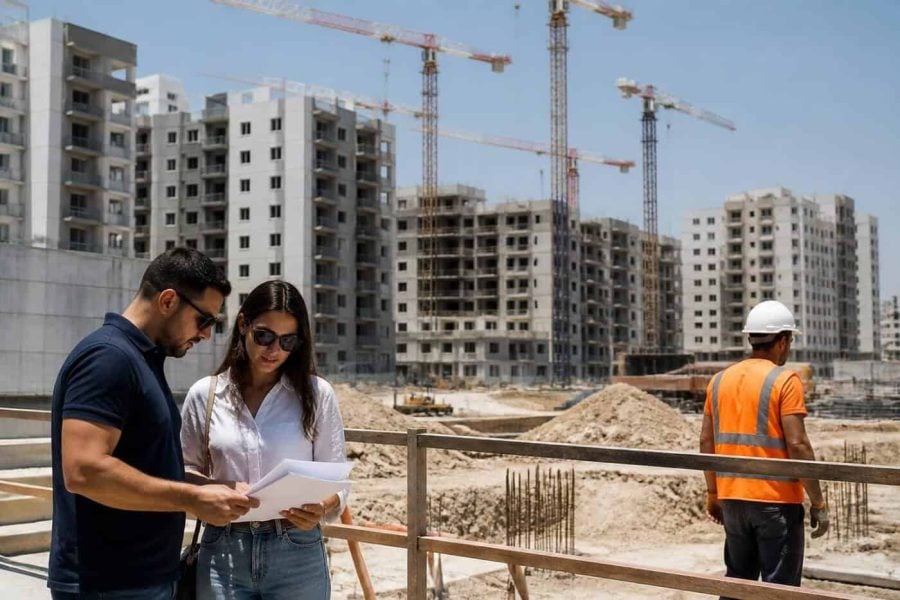 Apartment buildings under construction in Israel with cranes and a city skyline in the background