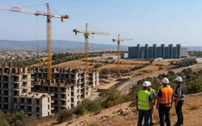 Construction cranes and new apartment buildings near a modern data center facility in northern Israel