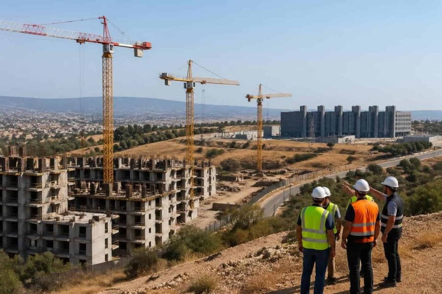 Construction cranes and new apartment buildings near a modern data center facility in northern Israel