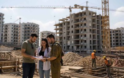 Apartment buildings under construction in Israel with workers and cranes visible
