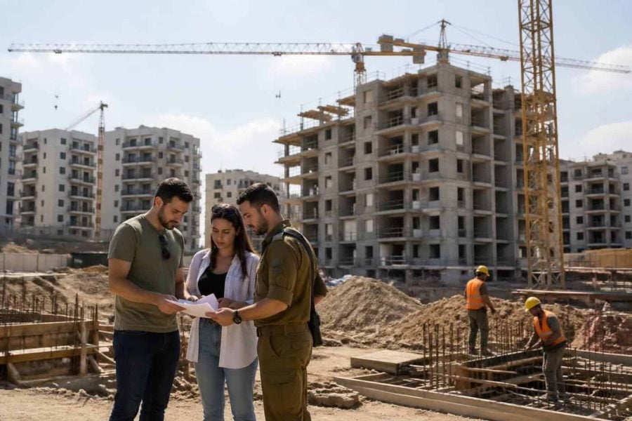 Apartment buildings under construction in Israel with workers and cranes visible
