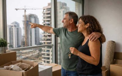 Modern residential apartment buildings under construction in Israel against a blue sky