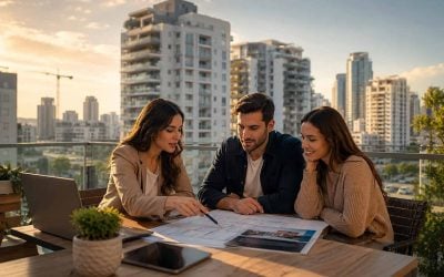 Modern Israeli apartment towers with buyers reviewing real estate documents