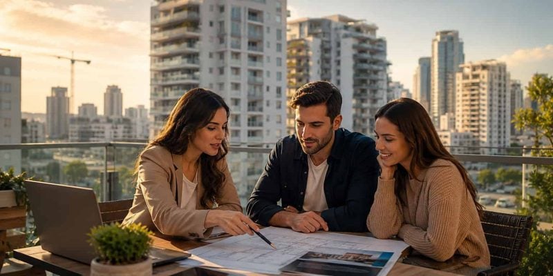 Modern Israeli apartment towers with buyers reviewing real estate documents