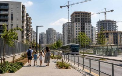 Modern apartment buildings and construction cranes in an Israeli residential neighborhood