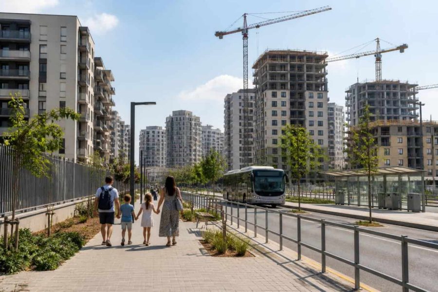 Modern apartment buildings and construction cranes in an Israeli residential neighborhood