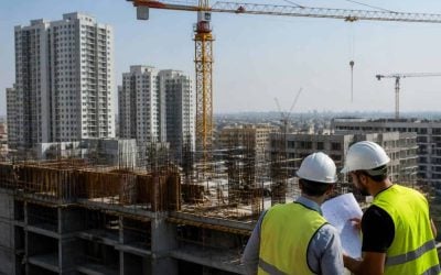 Apartment buildings under construction in Israel with cranes and residential towers in the background