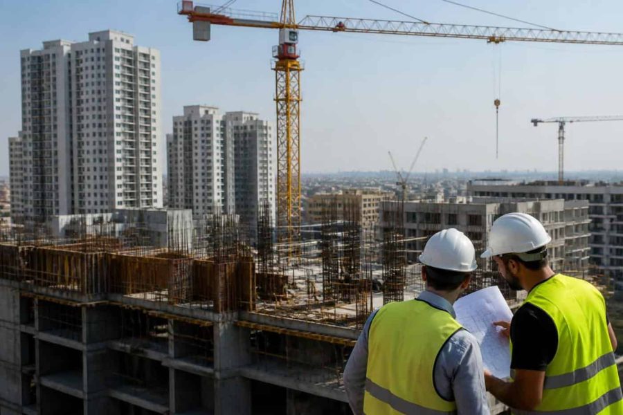 Apartment buildings under construction in Israel with cranes and residential towers in the background