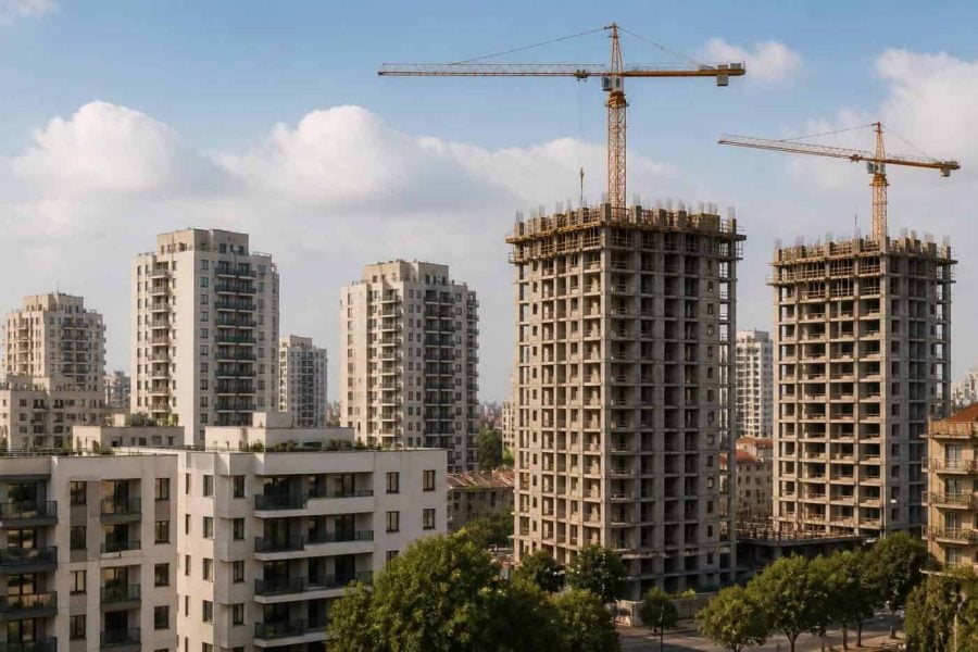 Construction cranes over new apartment buildings in an Israeli city