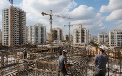 Residential apartment construction in an Israeli city with cranes and modern buildings