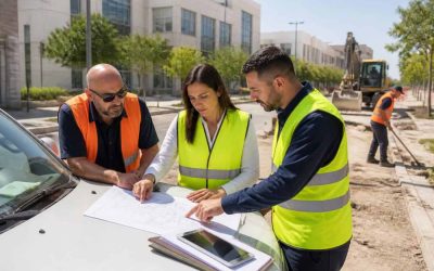 Municipal workers and contractors reviewing infrastructure plans near a public works vehicle in Israel